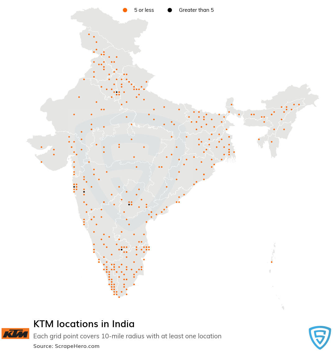 Map of KTM locations in India in 2022
