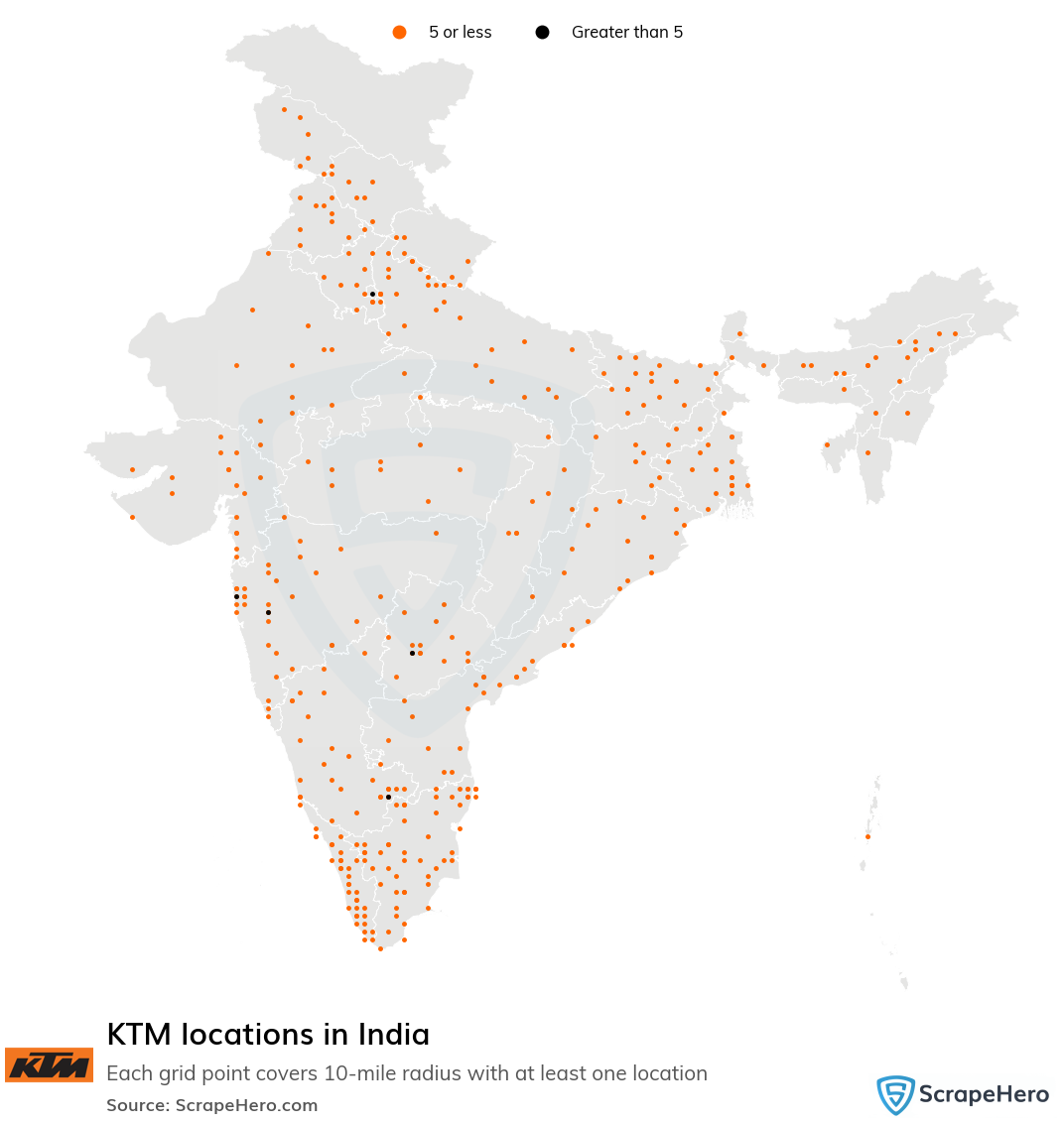 Map of KTM dealerships in India