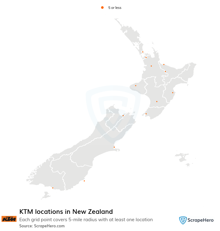 Map of KTM dealerships in New Zealand