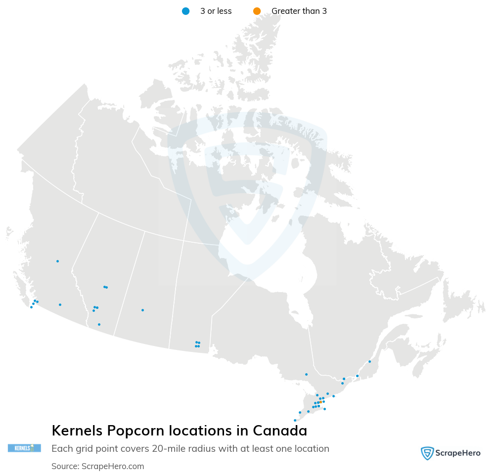 Map of Kernels Popcorn stores in Canada