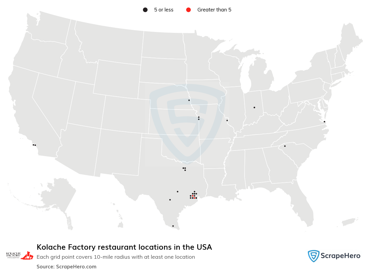 Map of Kolache Factory restaurants in the United States