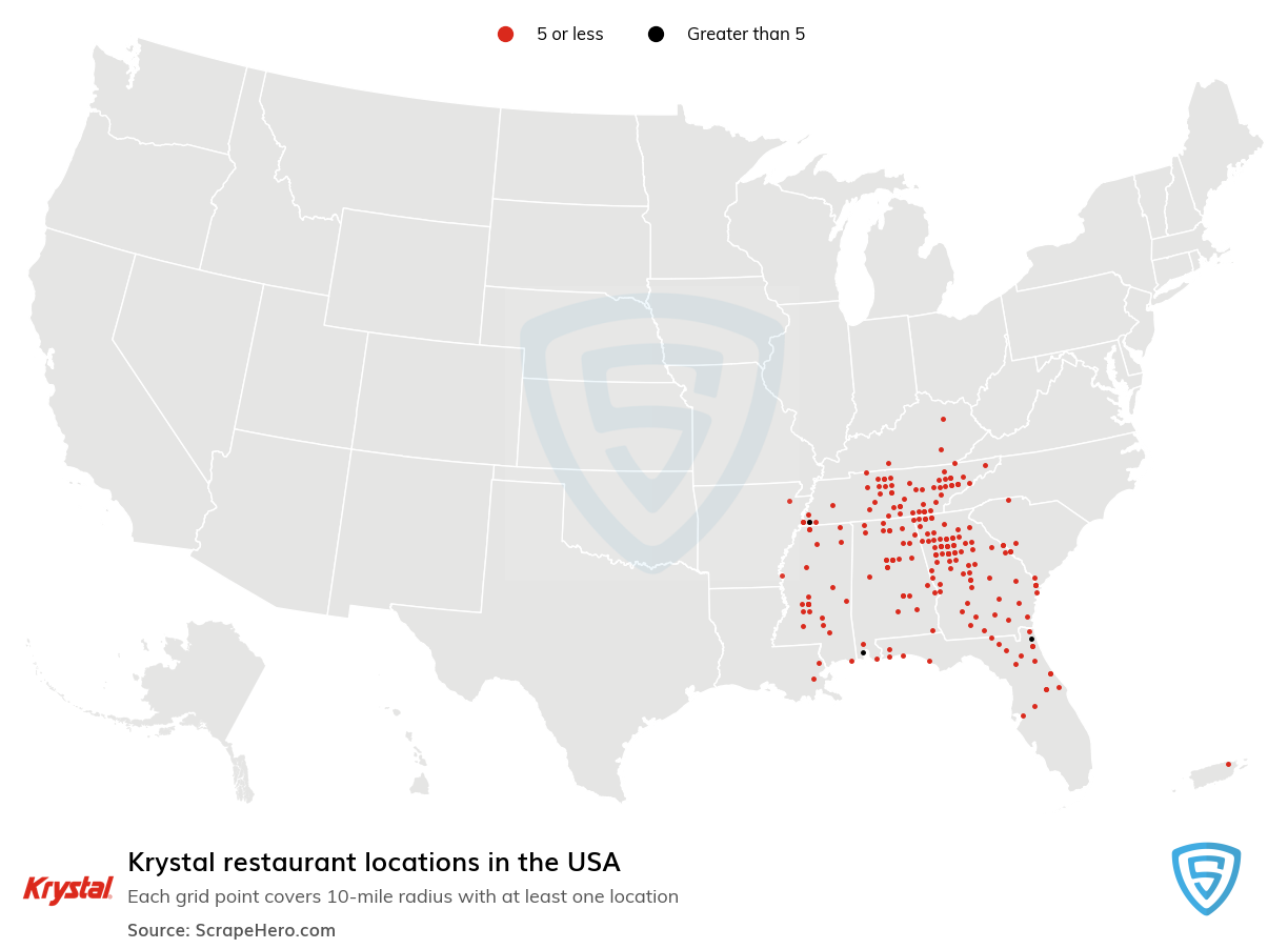 Map of Krystal restaurants in the United States