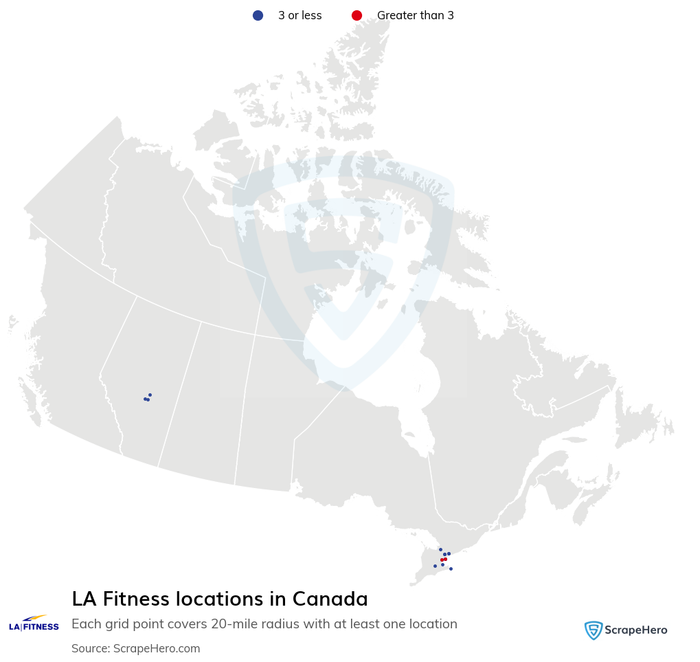 Map of LA Fitness locations in Canada