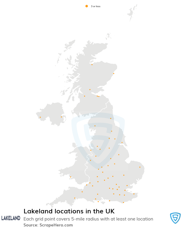 Map of Lakeland stores in the United Kingdom