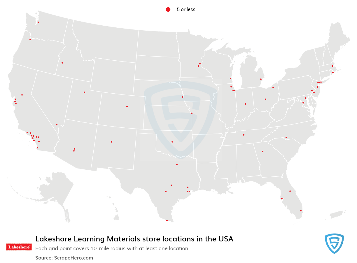 Map of Lakeshore Learning Materials stores in the United States