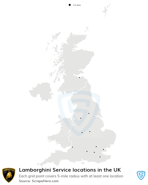 Map of Lamborghini Service locations in the United Kingdom