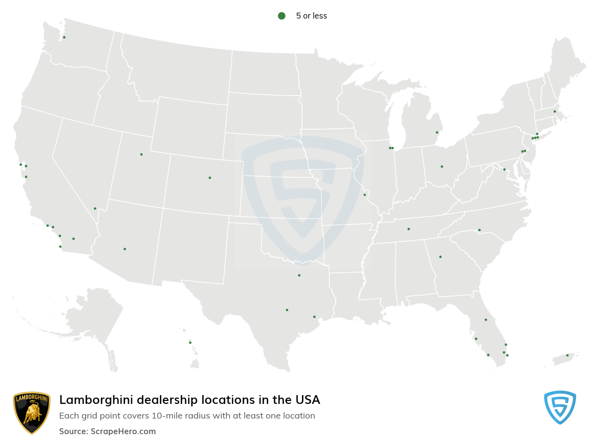 Map of Lamborghini dealerships in the United States