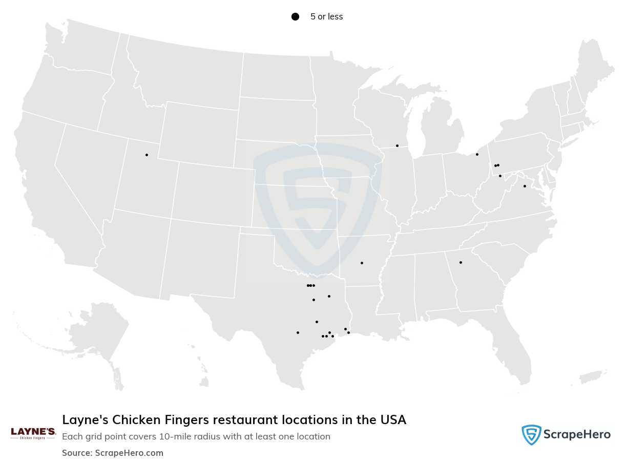 Map of Layne's Chicken Fingers restaurants in the United States