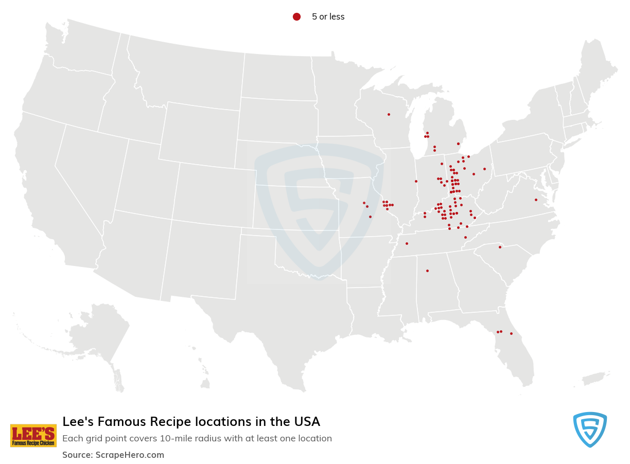 Map of Lee's Famous Recipe locations in the United States