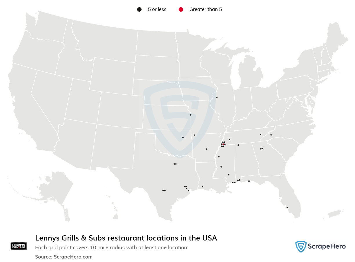 Map of Lennys Grills & Subs restaurants in the United States
