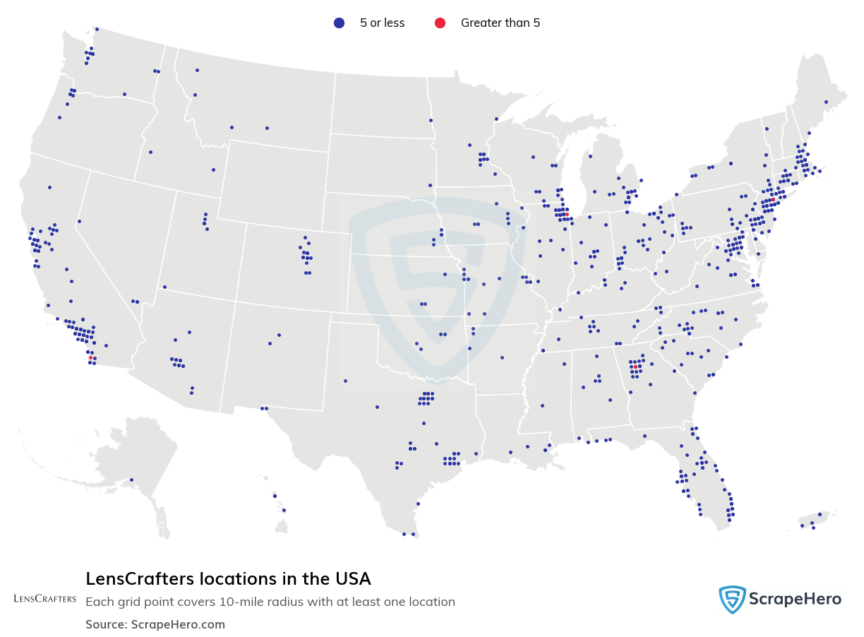 Map of LensCrafters locations in the United States