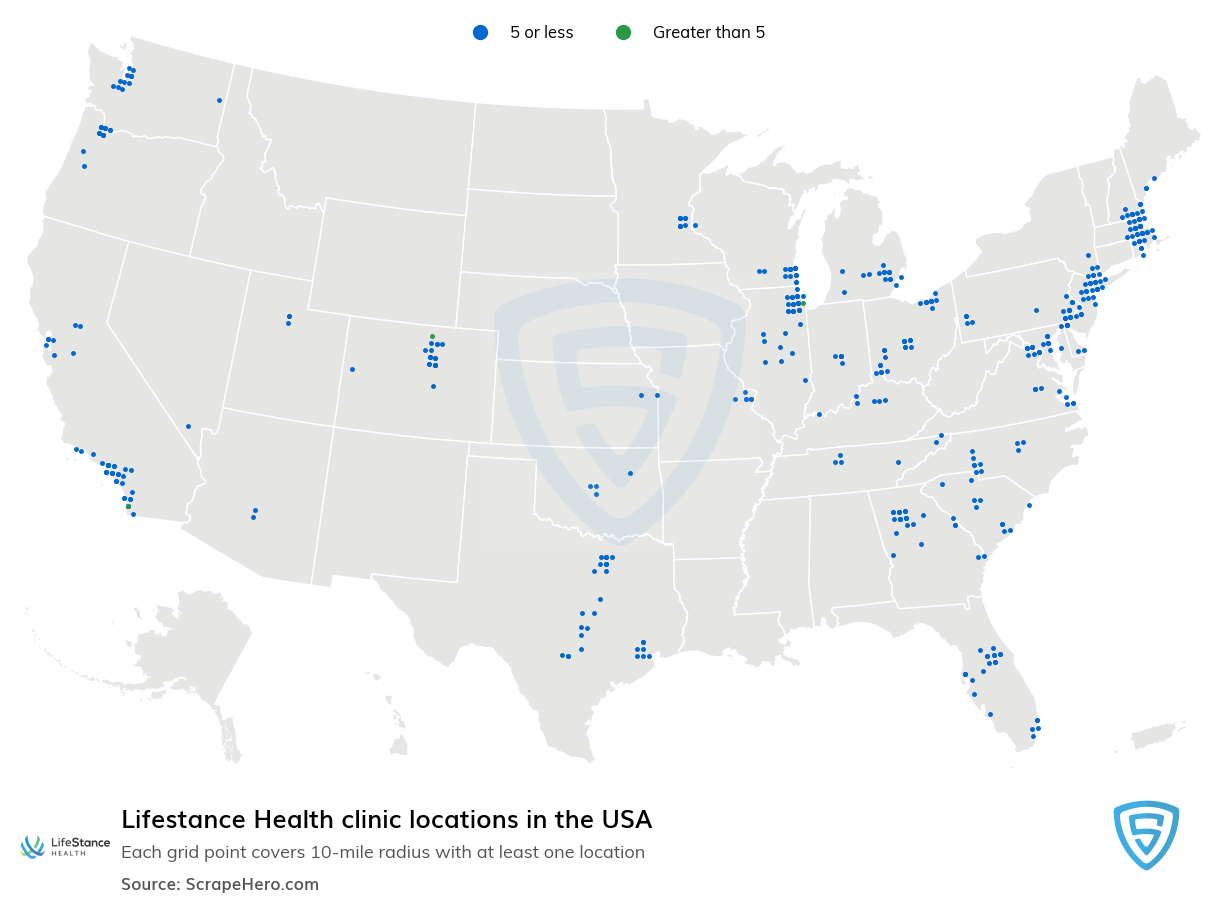 Map of Lifestance Health clinics in the United States