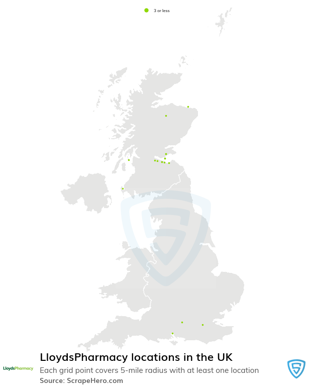 Map of LloydsPharmacy pharmacies in the United Kingdom