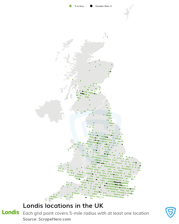 Map of Londis retail stores in the United Kingdom