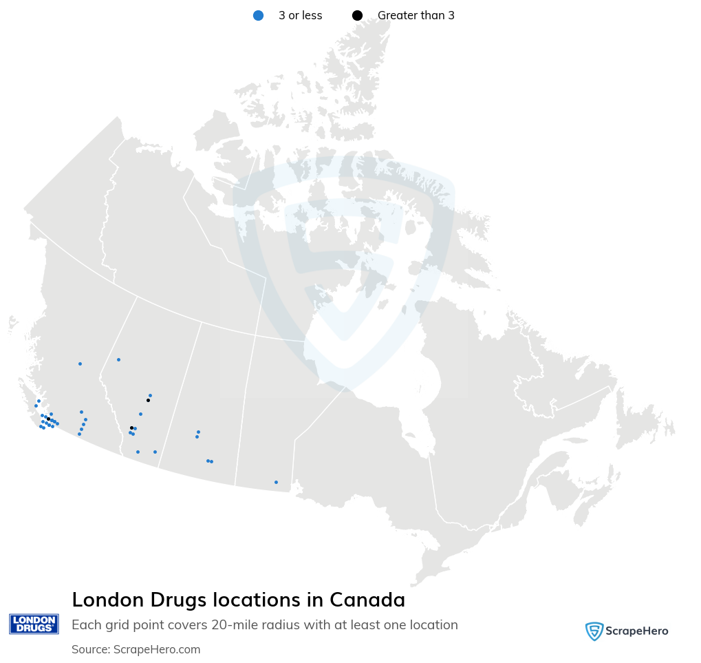 Map of London Drugs pharmacies in Canada
