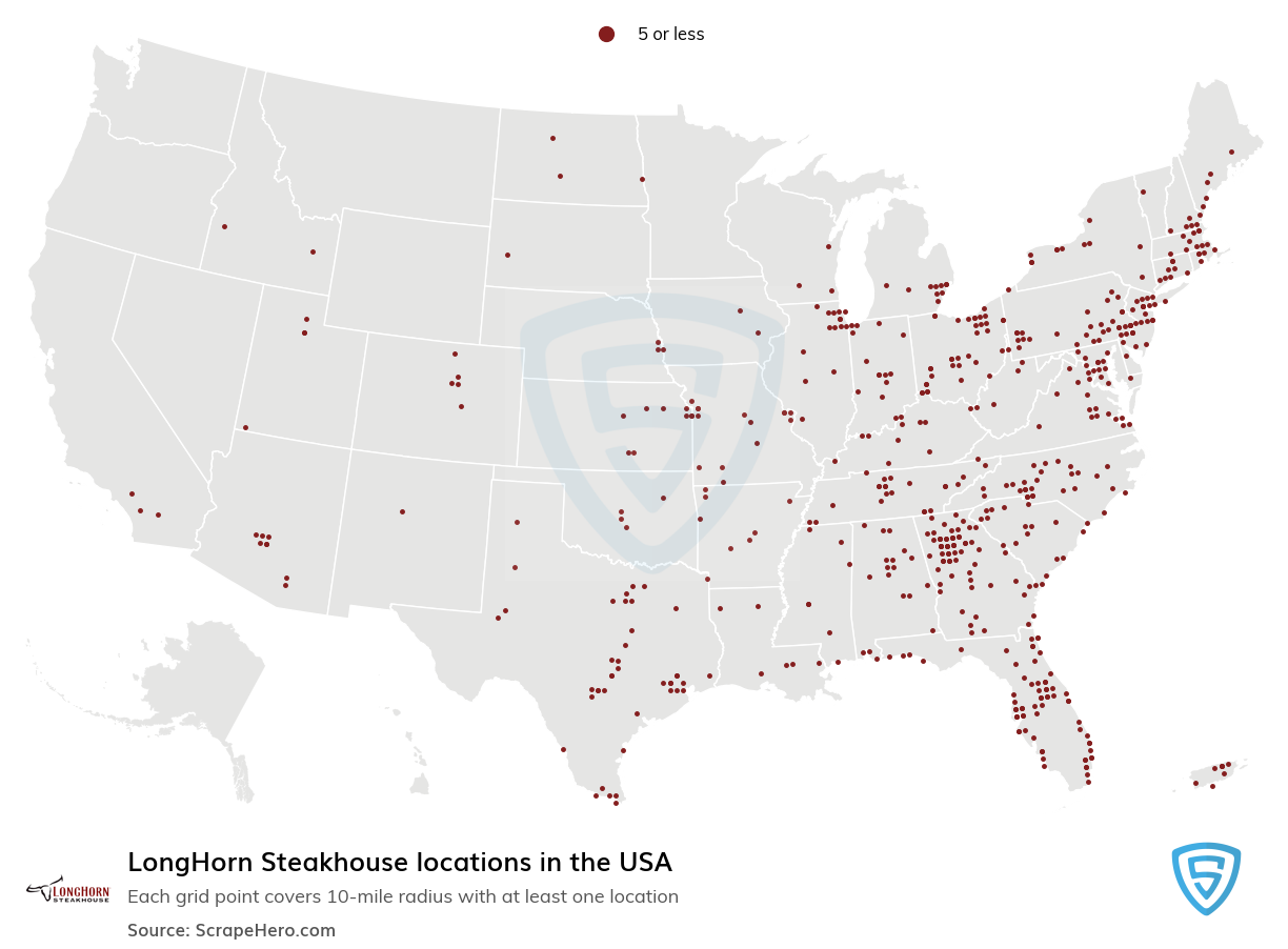 Map of LongHorn Steakhouse locations in the United States in 2022