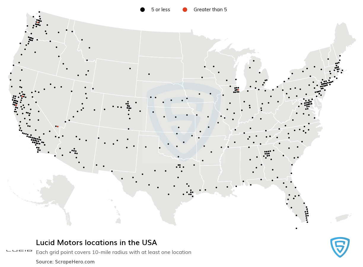 Map of Lucid Motors locations in the United States