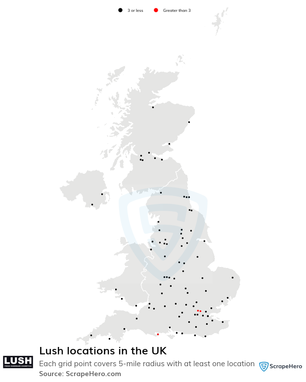 Map of Lush stores in the United Kingdom