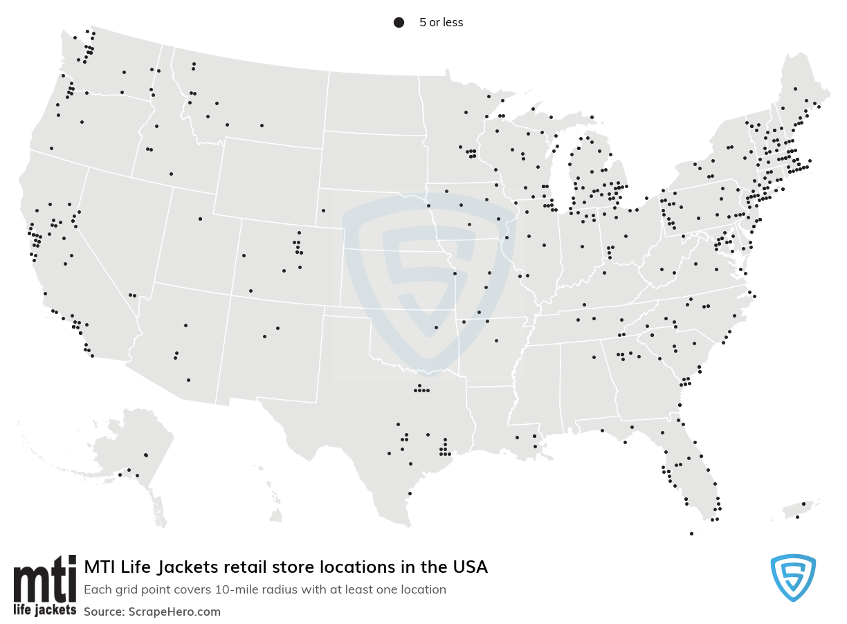 Map of MTI Life Jackets retail stores in the United States