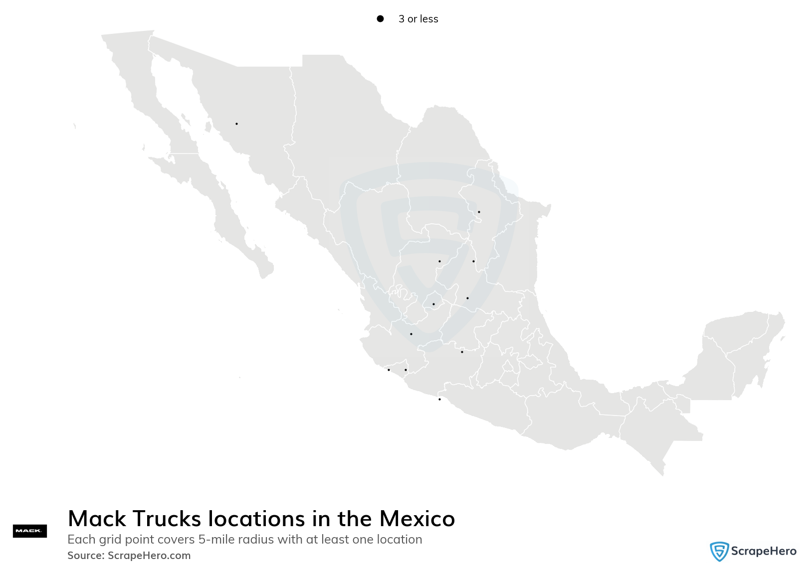 Map of Mack Trucks dealerships in Mexico