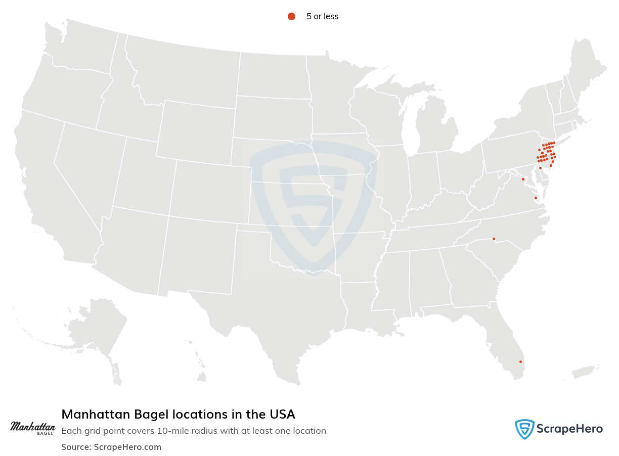 Map of Manhattan Bagel locations in the United States