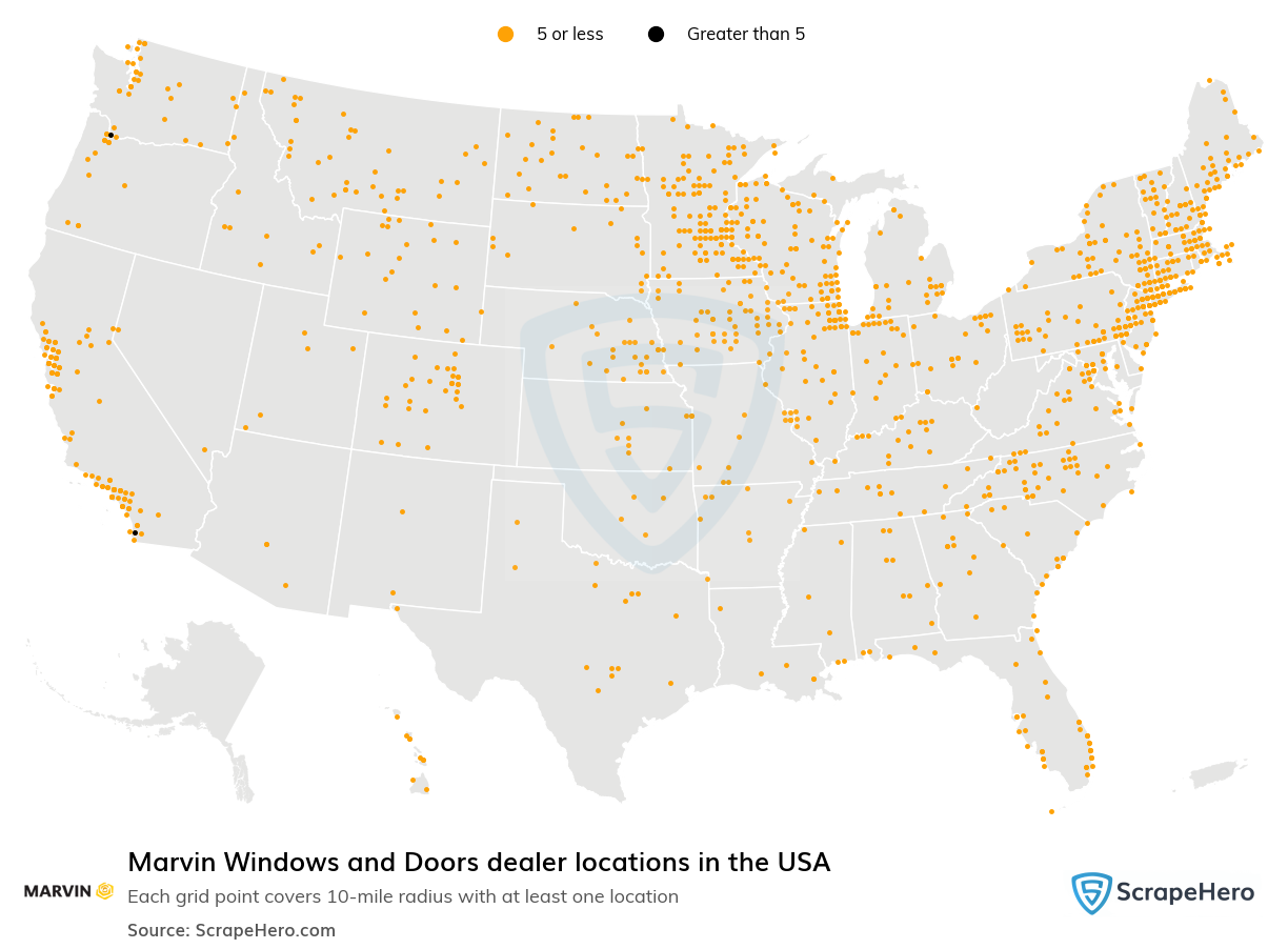Map of Marvin Windows and Doors dealers in the United States