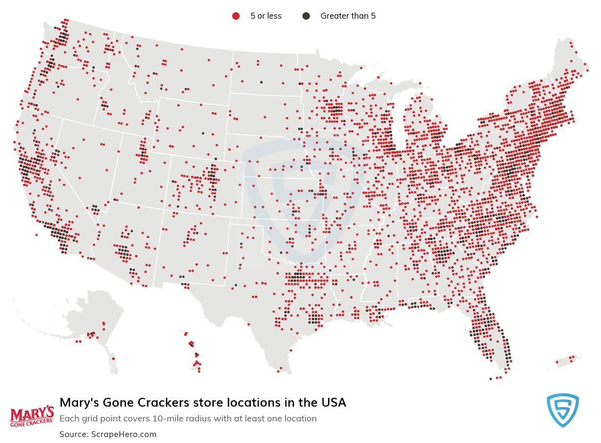 Map of Mary's Gone Crackers stores in the United States
