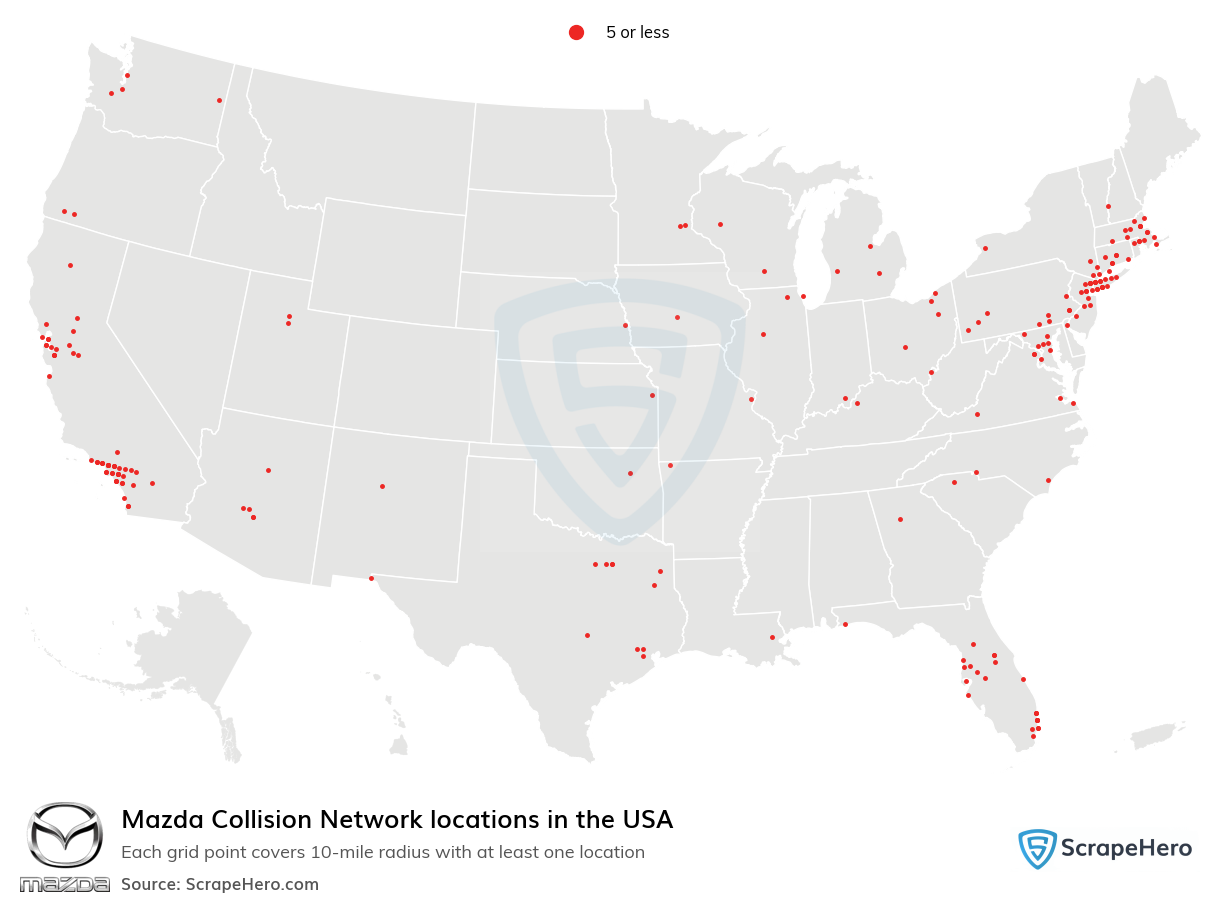 Map of Mazda Collision Network locations in the United States
