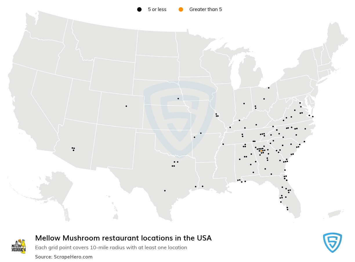 Map of Mellow Mushroom restaurants in the United States