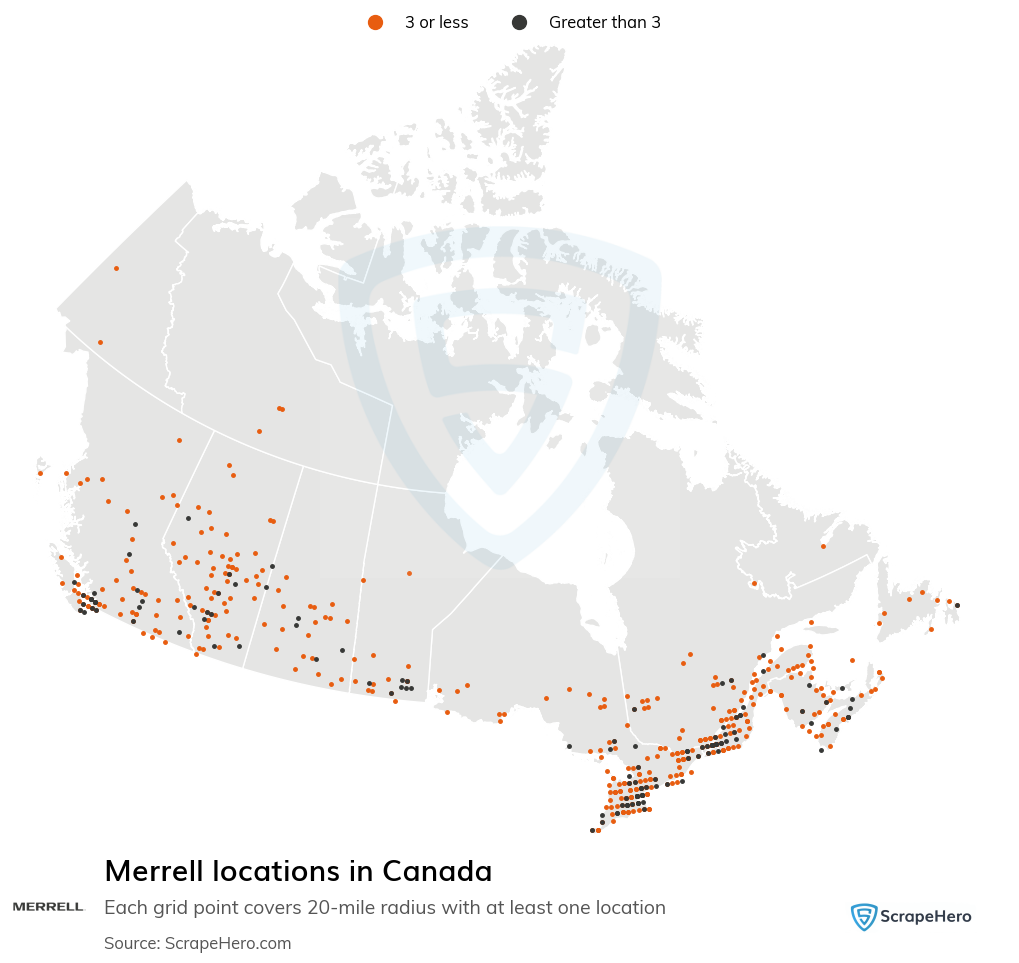 Map of Merrell stores in Canada