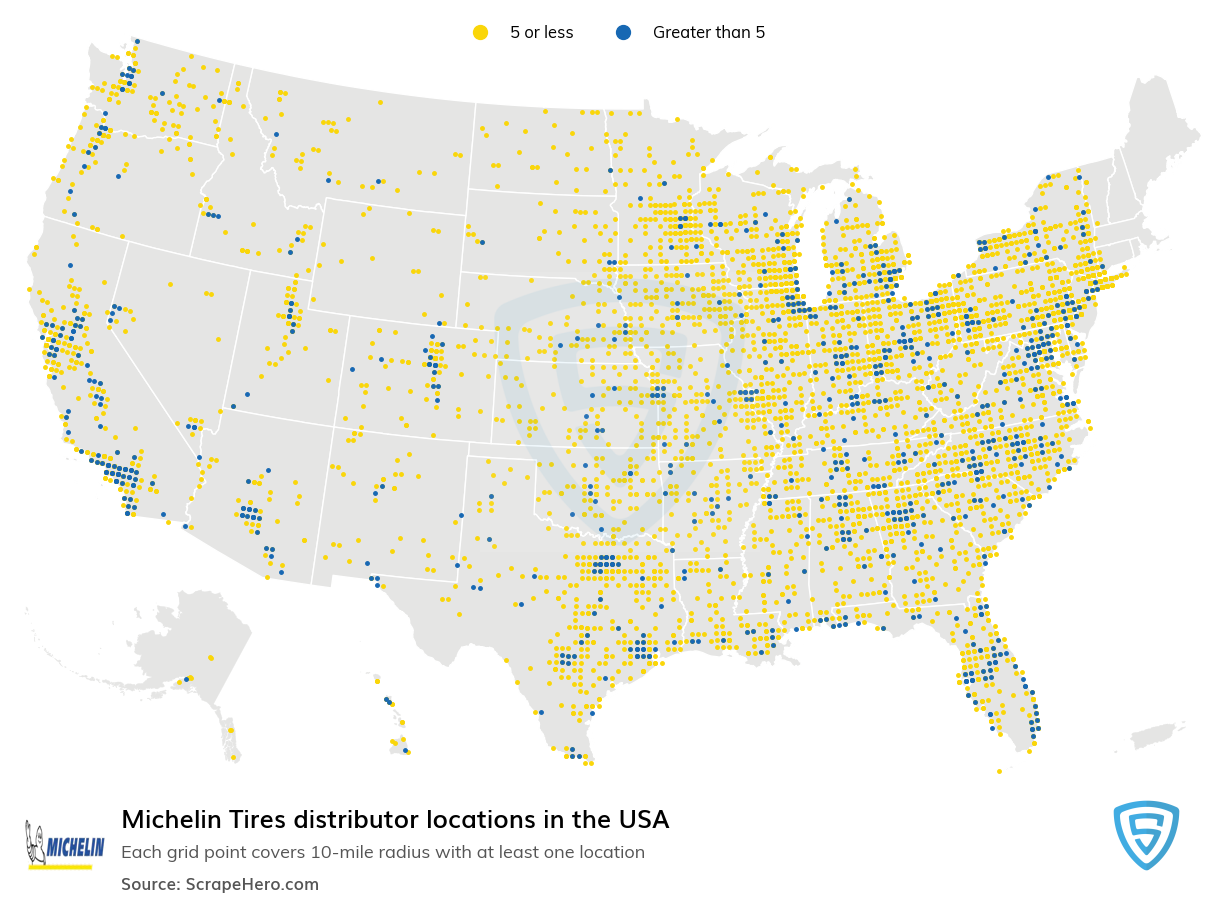 Map of Michelin Tires distributors in the United States