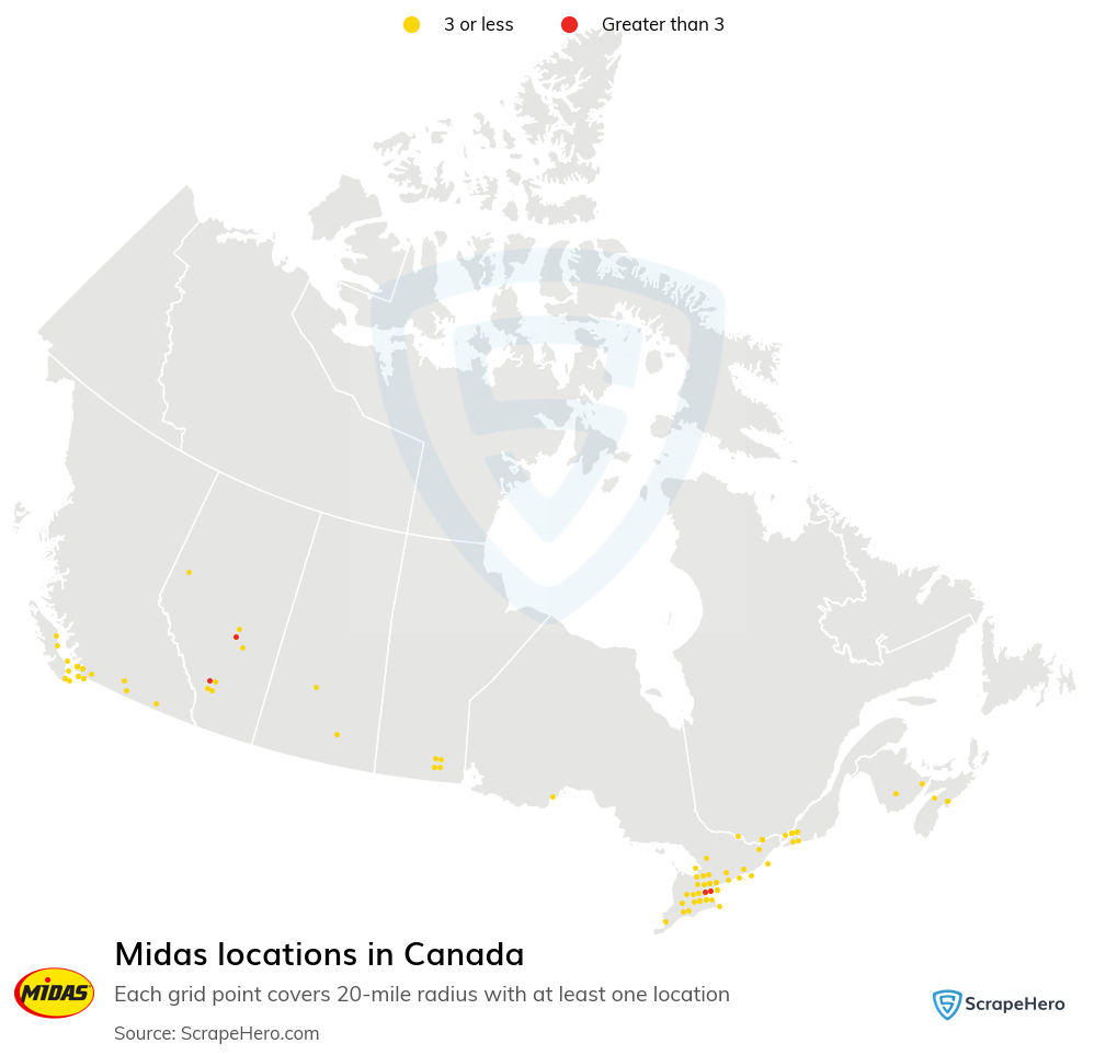 Map of Midas locations in Canada