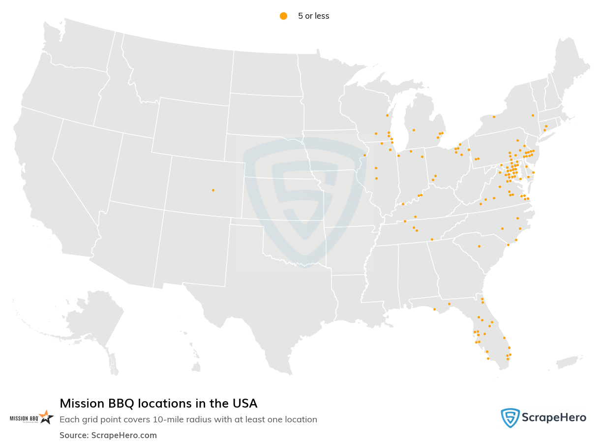 Map of Mission BBQ locations in the United States
