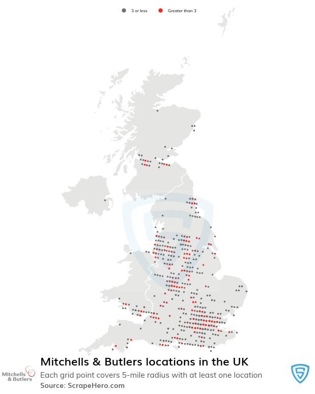 Map of Mitchells & Butlers stores in the United Kingdom