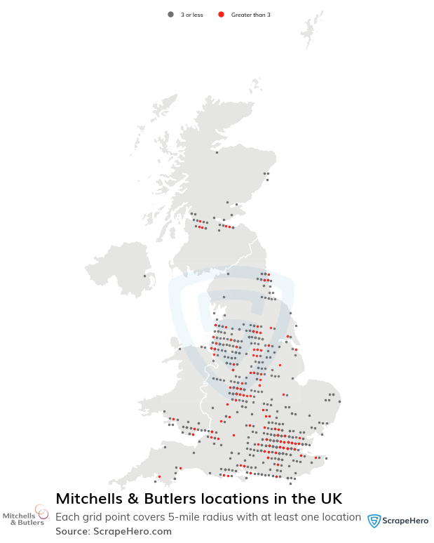 Map of Mitchells & Butlers restaurants in the United Kingdom