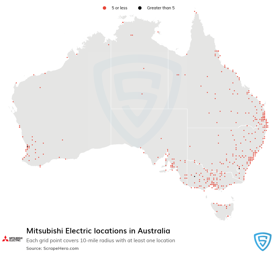 Map of Mitsubishi Electric locations in Australia in 2022