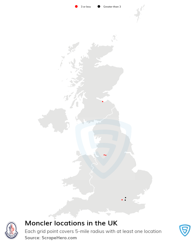 Map of Moncler stores in the United Kingdom