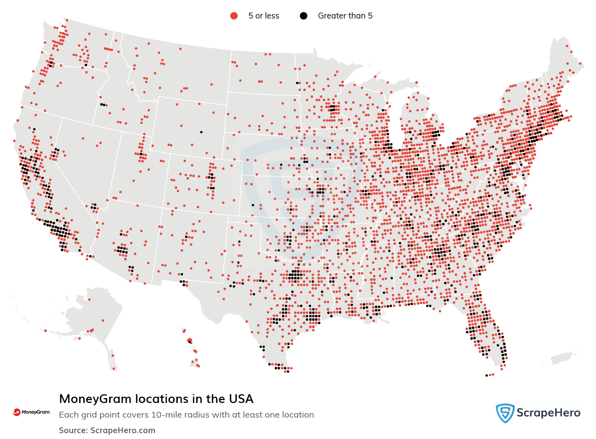 Map of MoneyGram locations in the United States