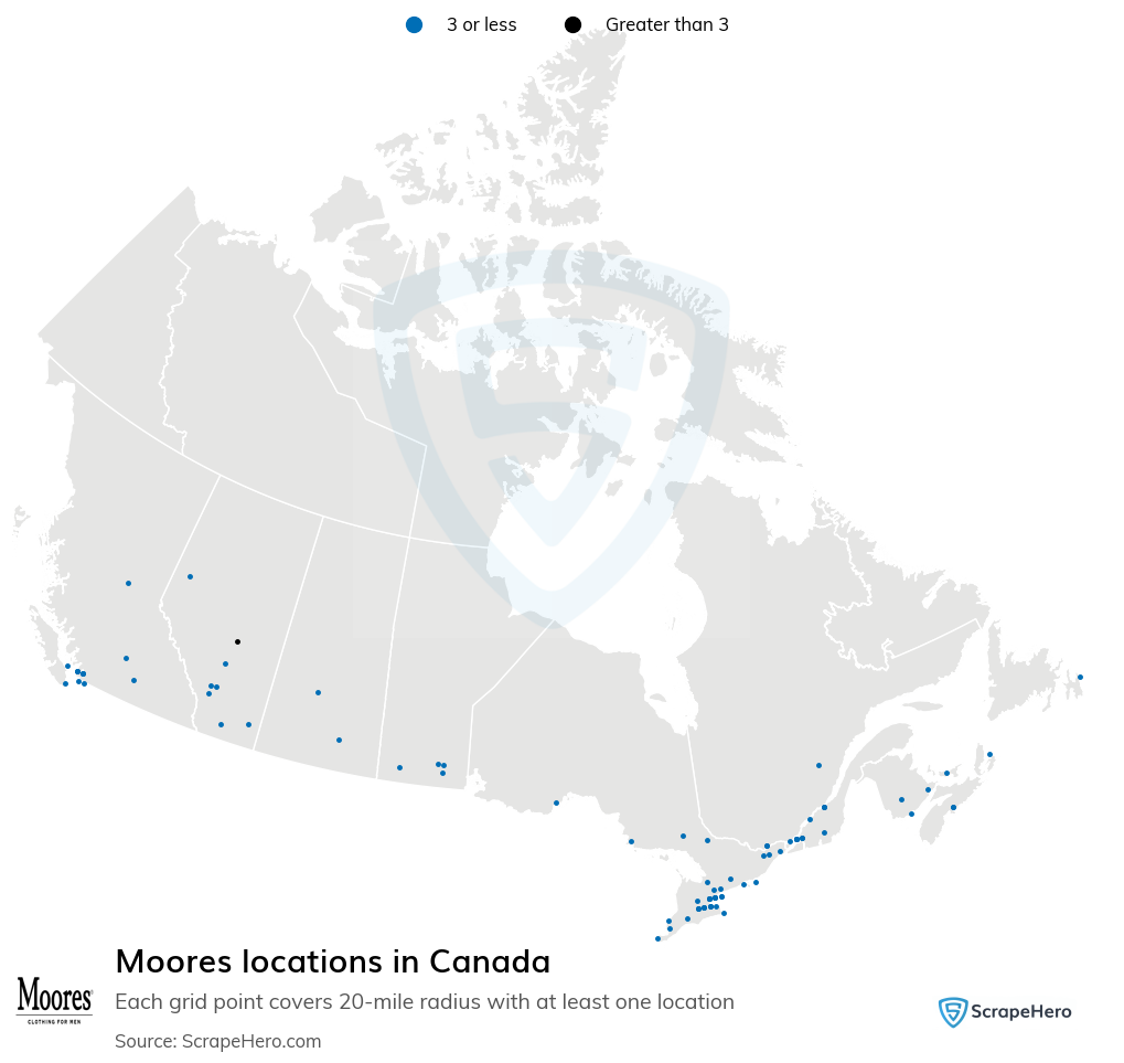 Map of Moores stores in Canada