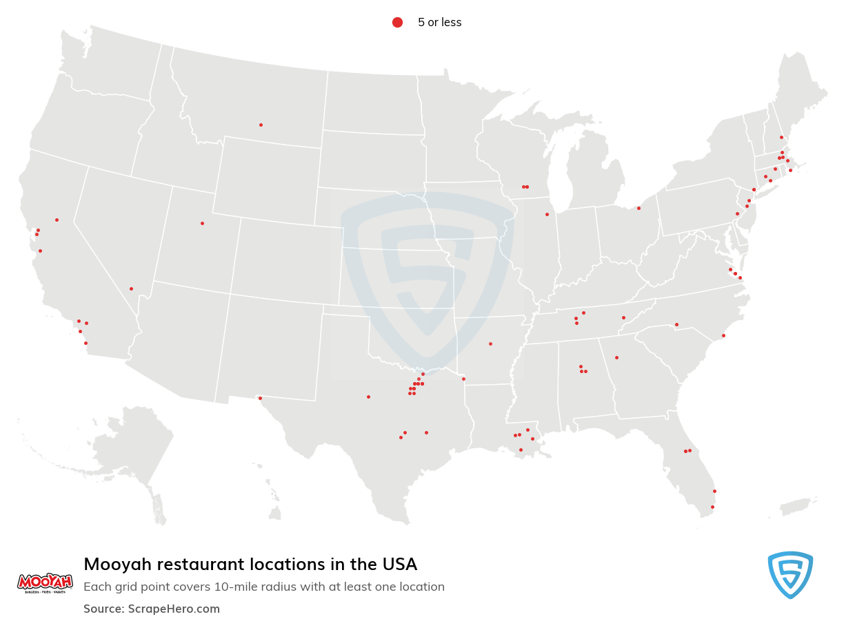 Map of Mooyah restaurants in the United States