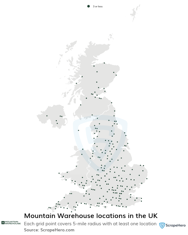 Map of Mountain Warehouse stores in the United Kingdom