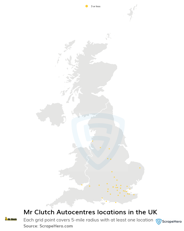 Map of Mr Clutch Autocentres dealers in the United Kingdom