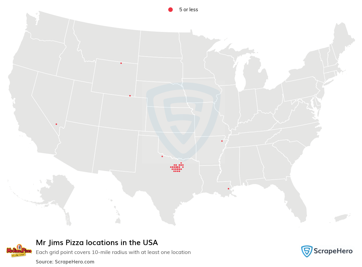 Map of Mr Jims Pizza locations in the United States
