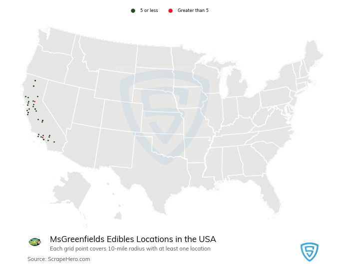 Map of MsGreenfields Edibles locations in the United States