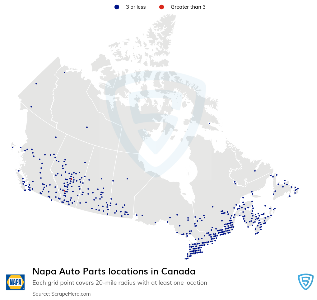 Map of Napa Auto Parts locations in Canada in 2021