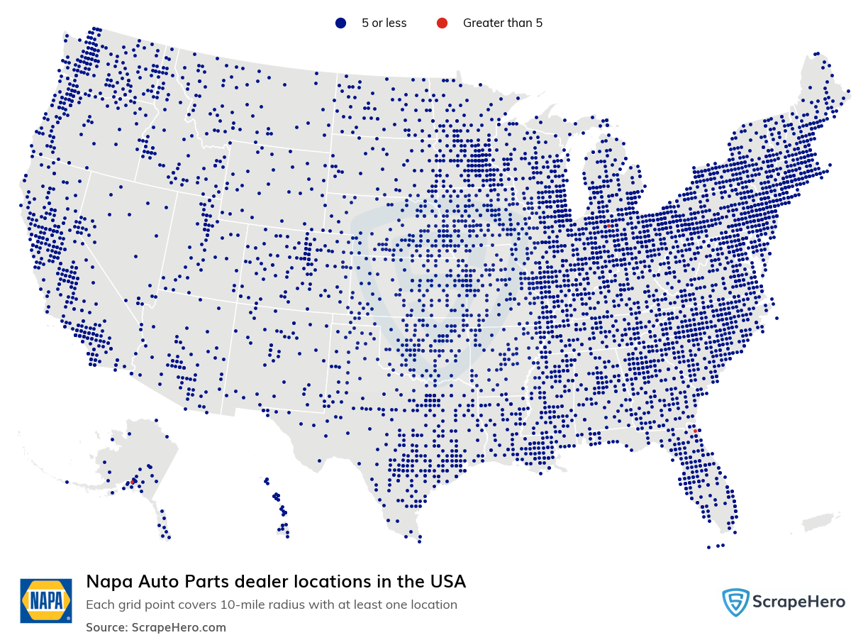 Map of Napa Auto Parts dealers in the United States