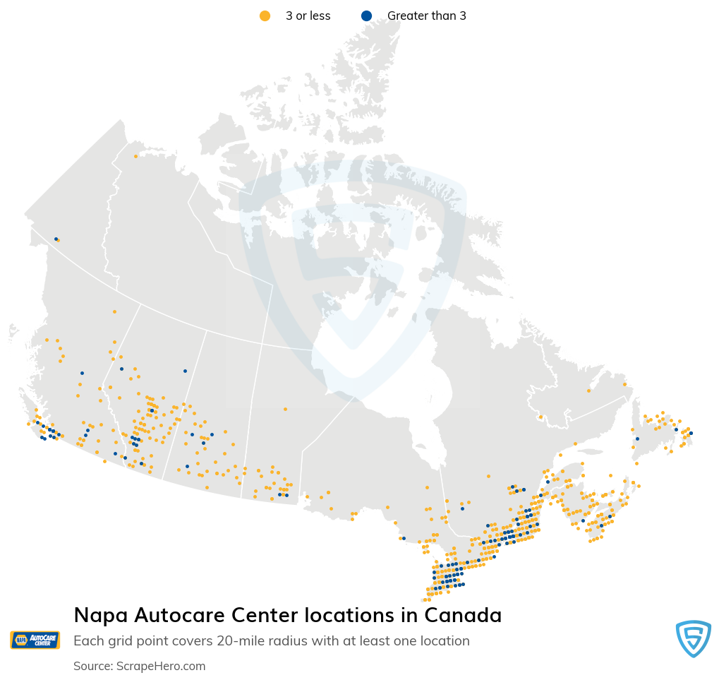 Map of Napa Autocare Centre locations in Canada in 2021
