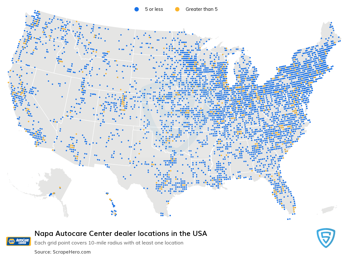 Map of Napa Autocare Centre dealers in the United States