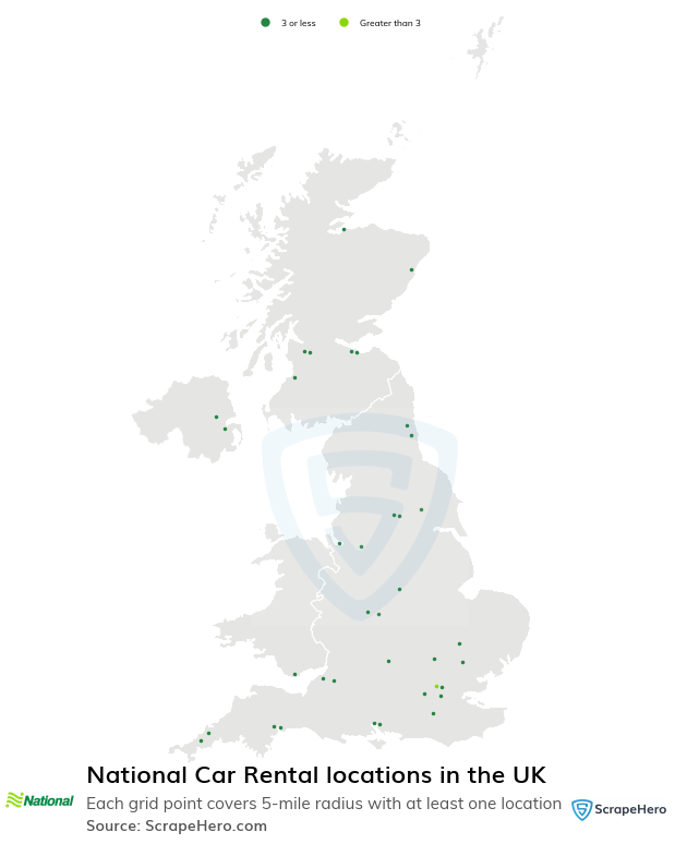 Map of National Car Rental locations in the United Kingdom