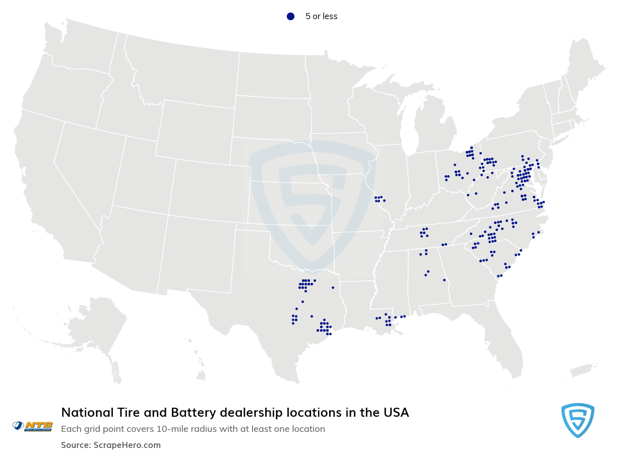 Map of National Tire and Battery dealerships in the United States